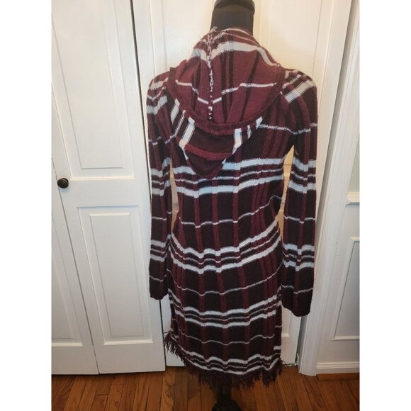 Burgundy/White Ribbed Striped Duster Hoodie Fringe Faded Glory 4/6 Boho Retro - Picture 5 of 6